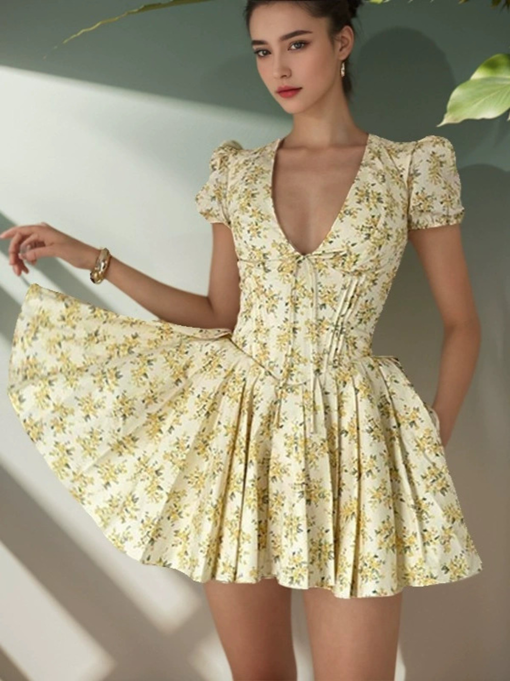 ZARA Floral Puff Sleeve V Neck French Vintage Mini Dress